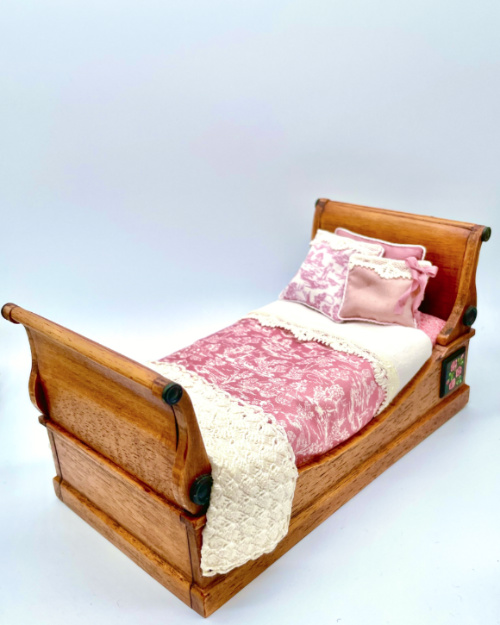 Sleigh Bed dressed in pink Toile
